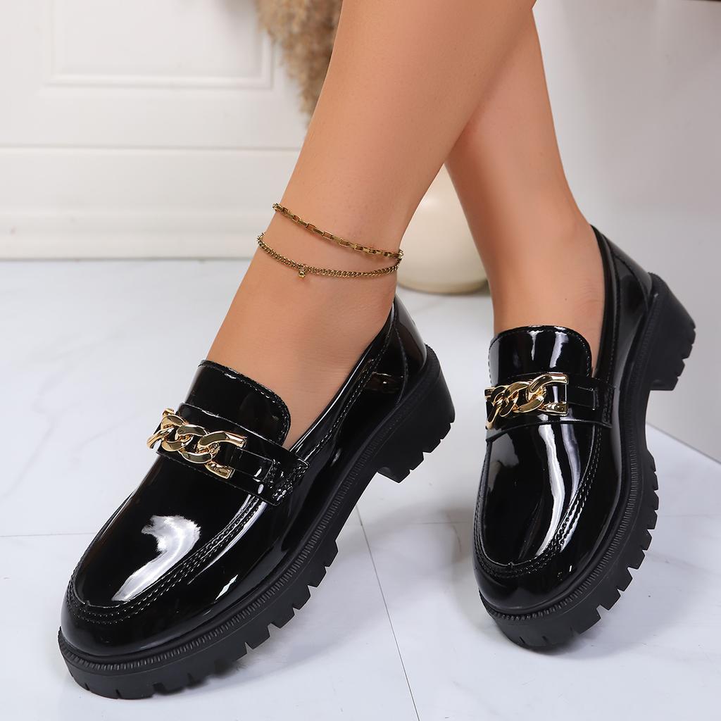 Damen Mokassins Trendige Britische Stil Flache Schuhe Damen Dicke Absätze Retro Leder Schuhe für Damen Runde Spitze Frühling Herbst Sneaker