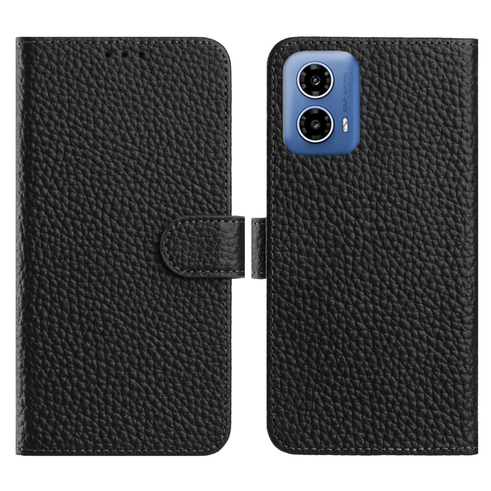 

For Motorola Moto G45 5G/G34 5G Case Wallet Stand Litchi Texture Genuine Cow Leather Flip Phone Cover Black