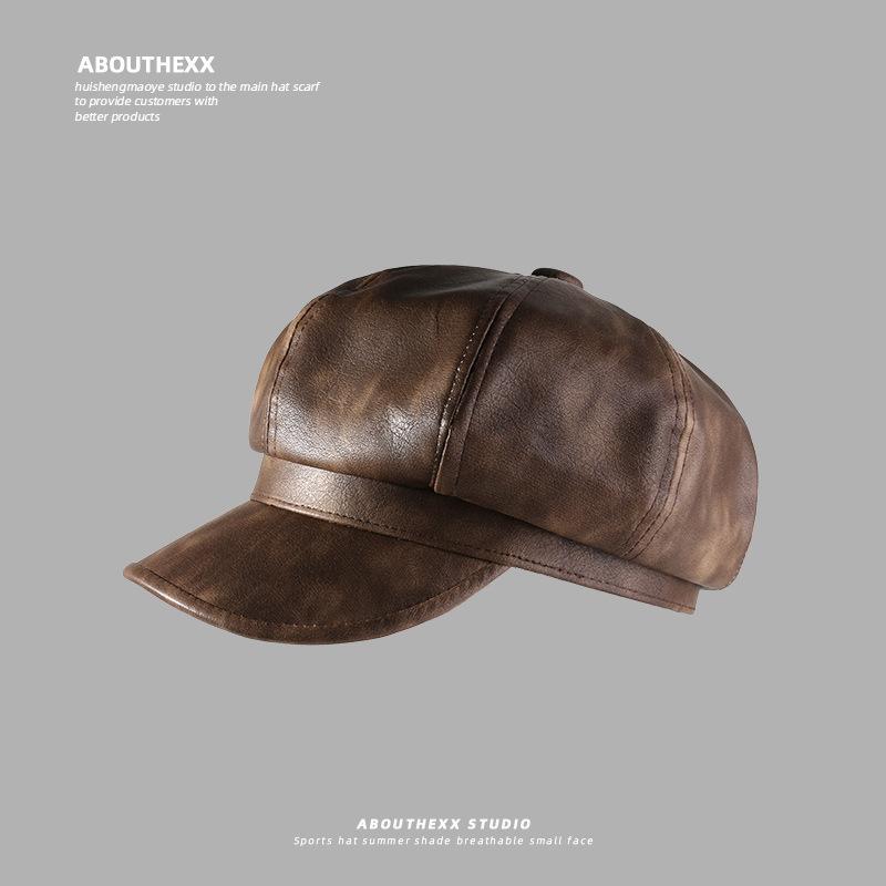New Octagonal Hat for Women British Retro PU Leather Beret Showing Face Small Autumn and Winter Painter Hat Versatile Newsboy Hat