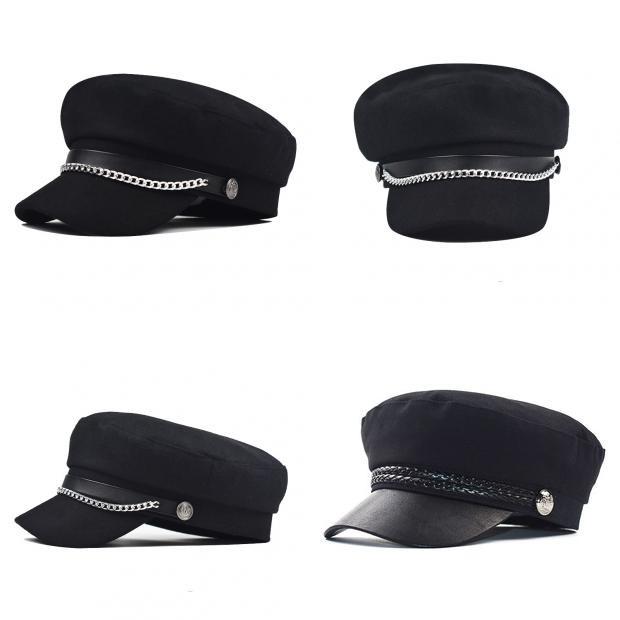 Women Solid Color Stylish Beret Cap Chain Decor Winter Spring Wear Travel Hat