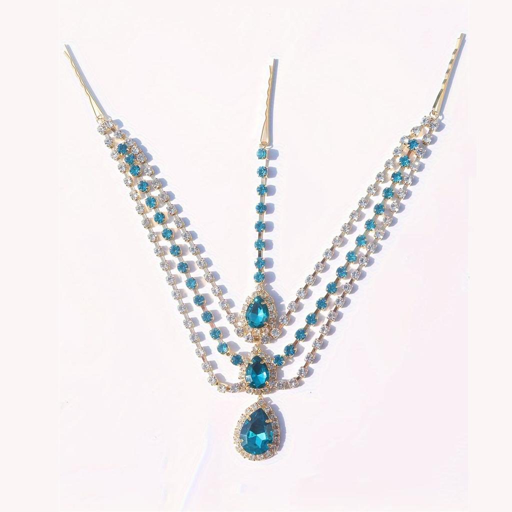 Popular Blue Gemstone Water Drop Pendant Head Chain, European And American Bride Zircon Forehead Chain Hair Chain Jewelry