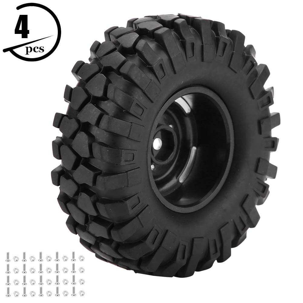 RC Tires, 110 Scale RC Wheels, Non-Slip, for Crawlers and Trucks, Set of 4, with Hubs, Ideal for Off-Road Racing, Endurance Races, Camping, Parties,