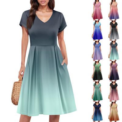 Womens Summer Dress Short Sleeve V Neck Short Dresses Fashion Casual Flowy A Line Swing Sundress With Pocket
