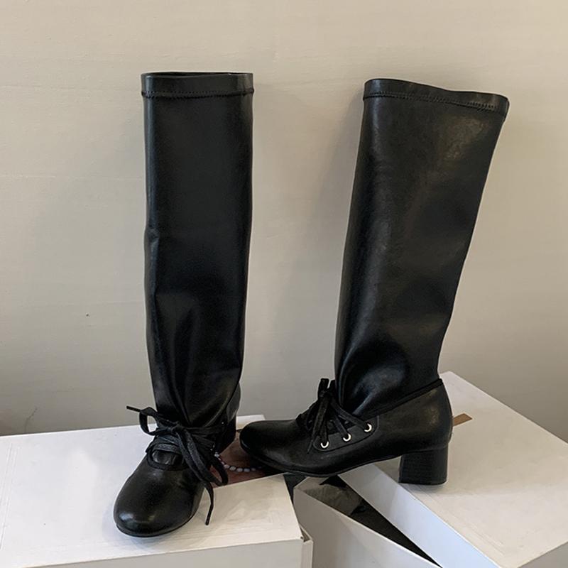 Fashion Liyke New Fashion Round Toe Lace Up Pleated Knee High Boots Woman Low Square Heels Autumn Winter Leather Ladies Shoes Booties