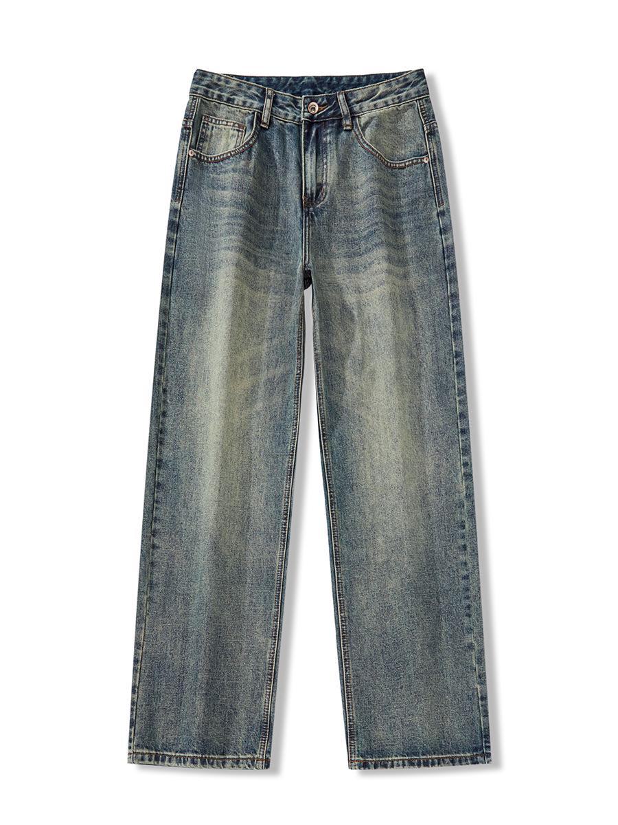 

Мужские винтажные свободные джинсы Muqiu с широкими штанинами: Стираная и потертая, длина до пола, коллекция осень 2024 г. M синий