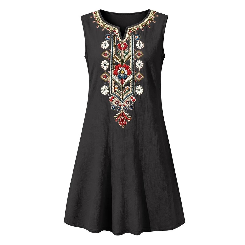Damen ärmelloses lässiges besticktes Kleid lockere Passform A-Linie Sommerkleid mit Taschen leichter bequemer Stoff