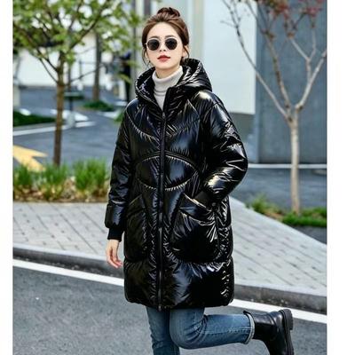 Parka d'hiver pour femme à capuche, mi-longue, sans lavage, en coton brillant, coupe ample et épaisse