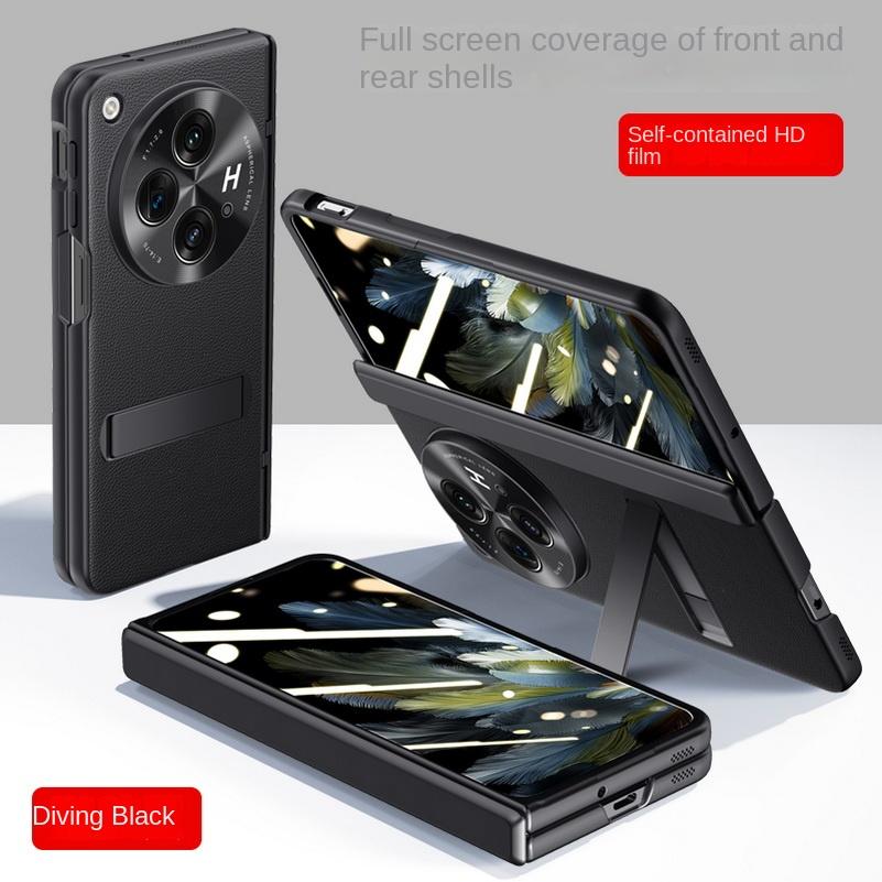 Z osłoną ekranu ze szkła hartowanego z zawiasem sprężynowym do OnePlus Open 1 + Open, etui z uchwytem ze skóry PU, w pełni zakrywające