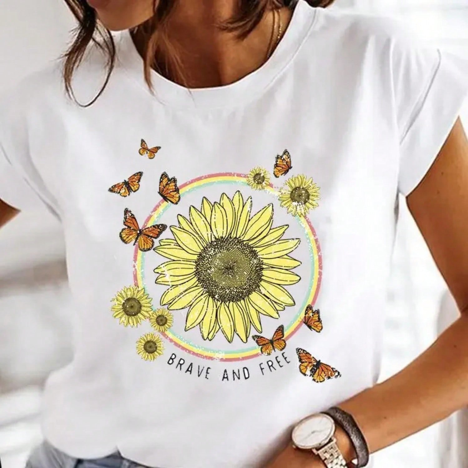 Ladies Graphic T Shirt unisex Print Clothes 90s New Style Female Tops Tee Fashion Print Cartoon O-Neck Flower Butterfly T Shirt S разноцветный