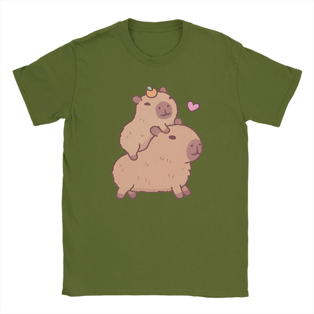 Vintage Cute Baby Capybara Hitching A Ride T-Shirts Men Round Neck 100% Cotton T Shirts  Short Sleeve Tees Plus Size Tops