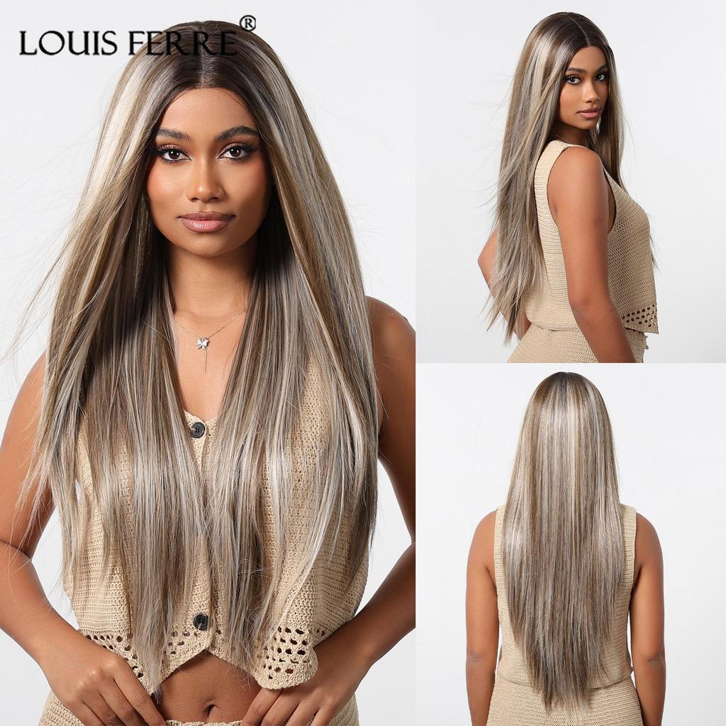 Synthetic 13x6 Lace Wigs Long Brown Ombre Blonde Straight Wig  for Women Daily Party Heat Resistant Fiber Wigs