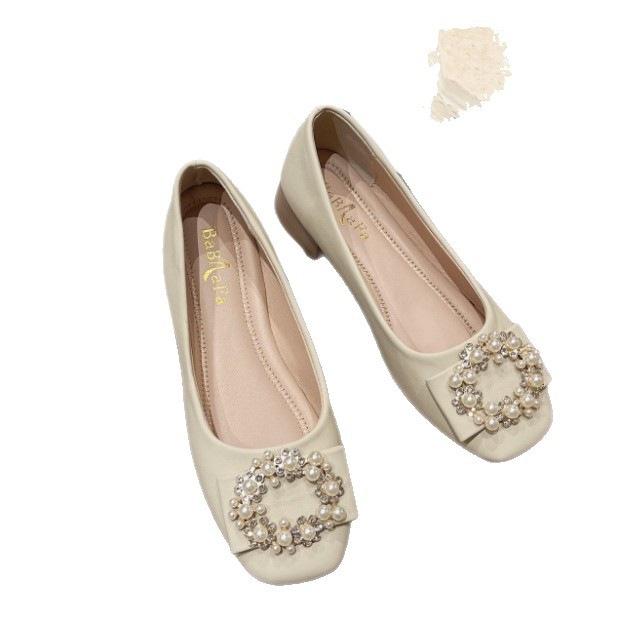 Coarse Heel Single Shoes Women's 2025 New Summer Versatile Doudou Shoes Soft-soled Rhinestone Rings with Skirts Non-slip Flat Shoes