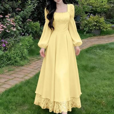 Damen Elegantes Quadratischer Kragen Langarm Spitze Patchwork Saum Lässiges Langes Kleid