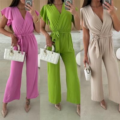 Sommer Neuer Damen Casual Einfarbig V-Ausschnitt Temperament Schlanker Jumpsuit für Damen