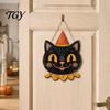Entrance Door Hanging Decor Halloween Wooden Pendant with Lanyard, Retro Ghost/Pumpkin/Skull/Black Cat Solid Wood Festival Ornaments Decorations
