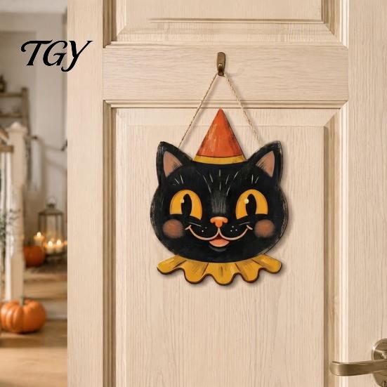 Entrance Door Hanging Decor Halloween Wooden Pendant with Lanyard, Retro Ghost/Pumpkin/Skull/Black Cat Solid Wood Festival Ornaments Decorations