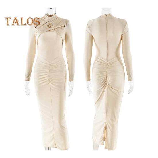 Women Evening Dress Hollow Out Bodycon Metal Buckle Ruched Elastic Pure Color Midi Dress Long Sleeve Prom Party Dress