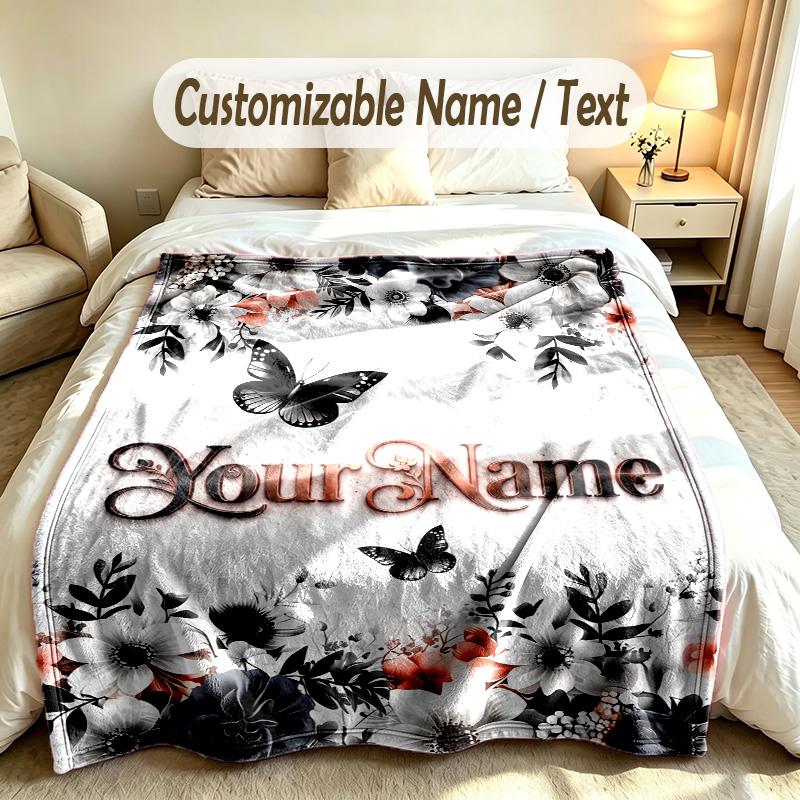 Butterfly Theme Soft Blanket Personalized Custom Name Text Print Warm Blanket Home Sofa Bedroom Decor