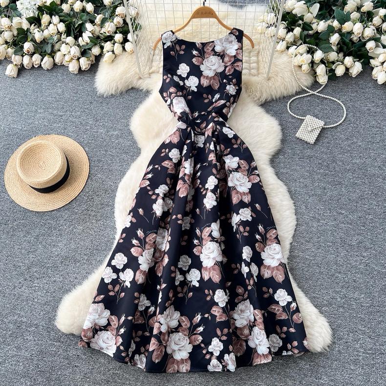 Robe sans manches à col rond imprimé style européen américain pour femmes, haut de gamme, niche, fête d'anniversaire, taille ajustée, bouffante, maxi