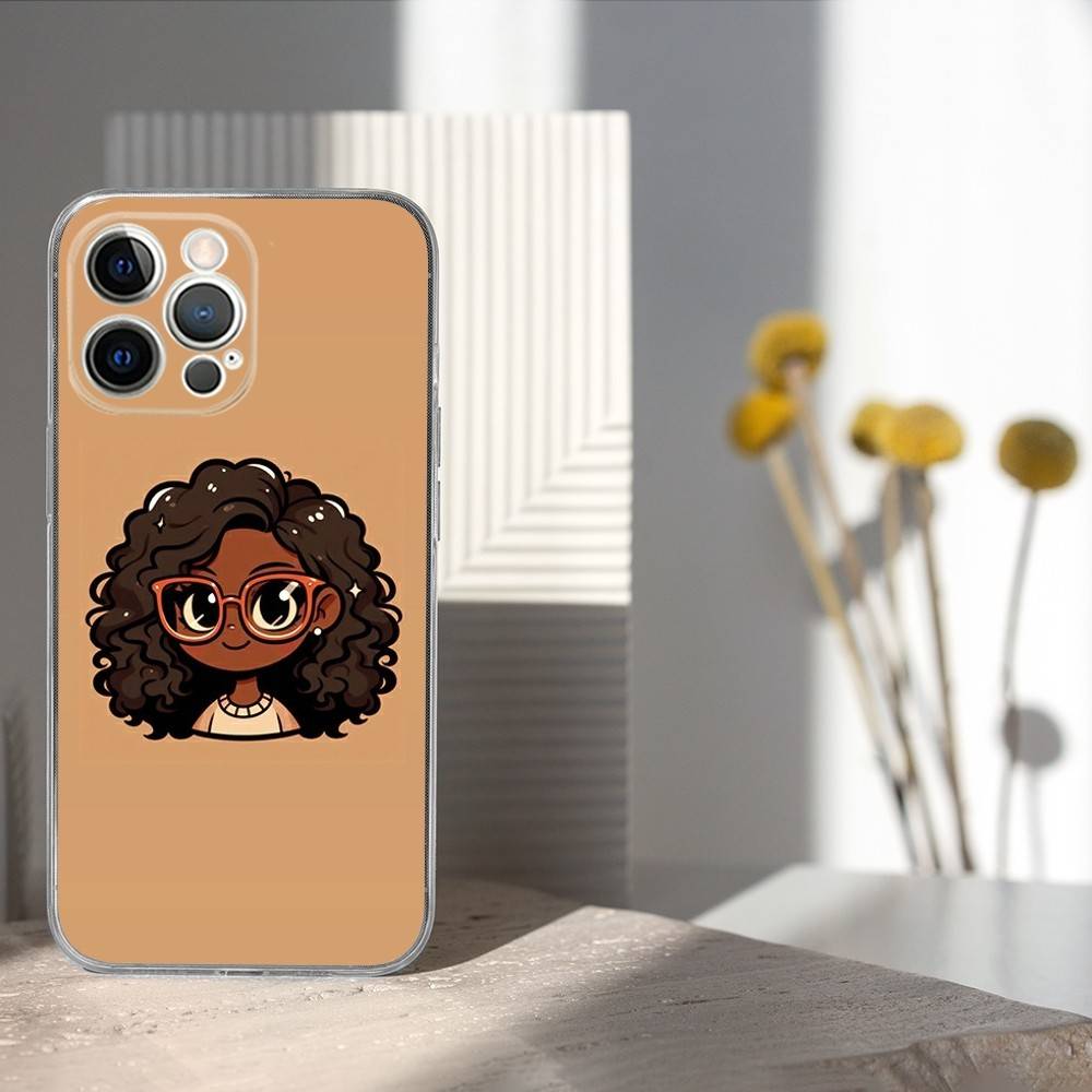 Afro Black Girl Cute Cartoon Phone Case For iPhone 17,16,15,14,13,12,11 Pro,Max,Plus,X,XS,XR,SE4,E Mini Transparent Soft Cover