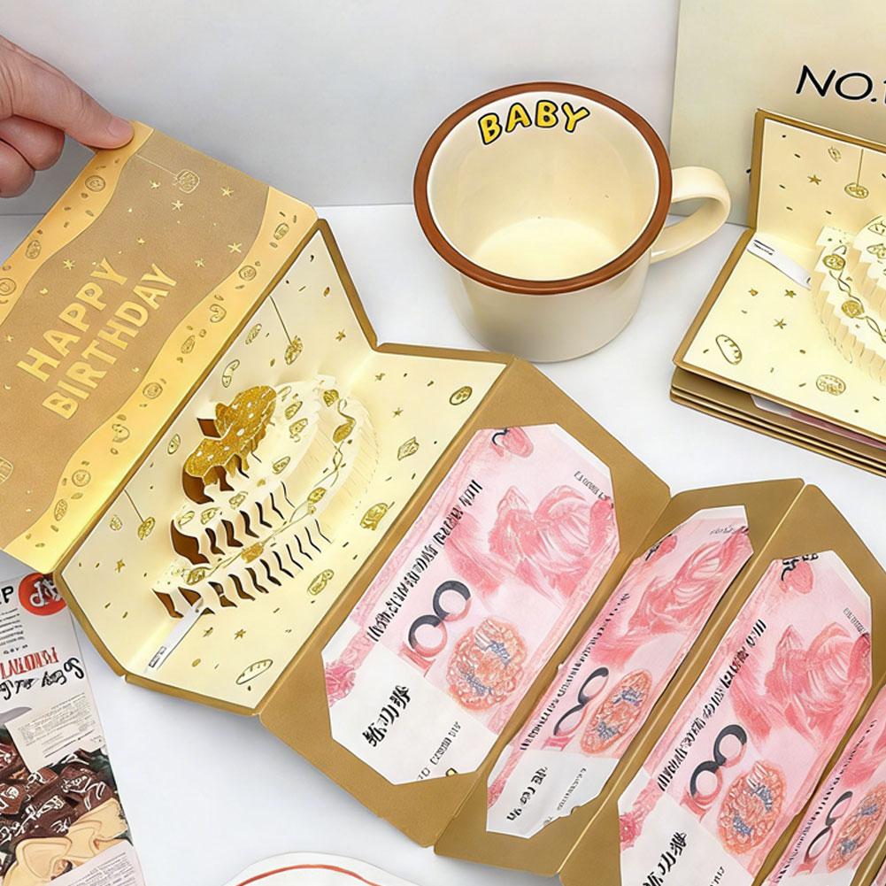 Traditional Foldable 3D HongBao Birthday Greeting Card DIY Packing Birthday Cake Money Bag Warm Best Wishes for Celebration