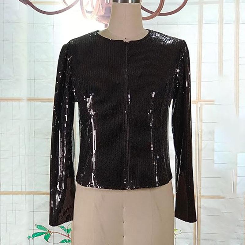 Chic Shiny Sequins Casual Jacket Women Fashion Sparkly Glitter Short Coats Slim Fit Long Sleeves Open Front Cardigan Outwear