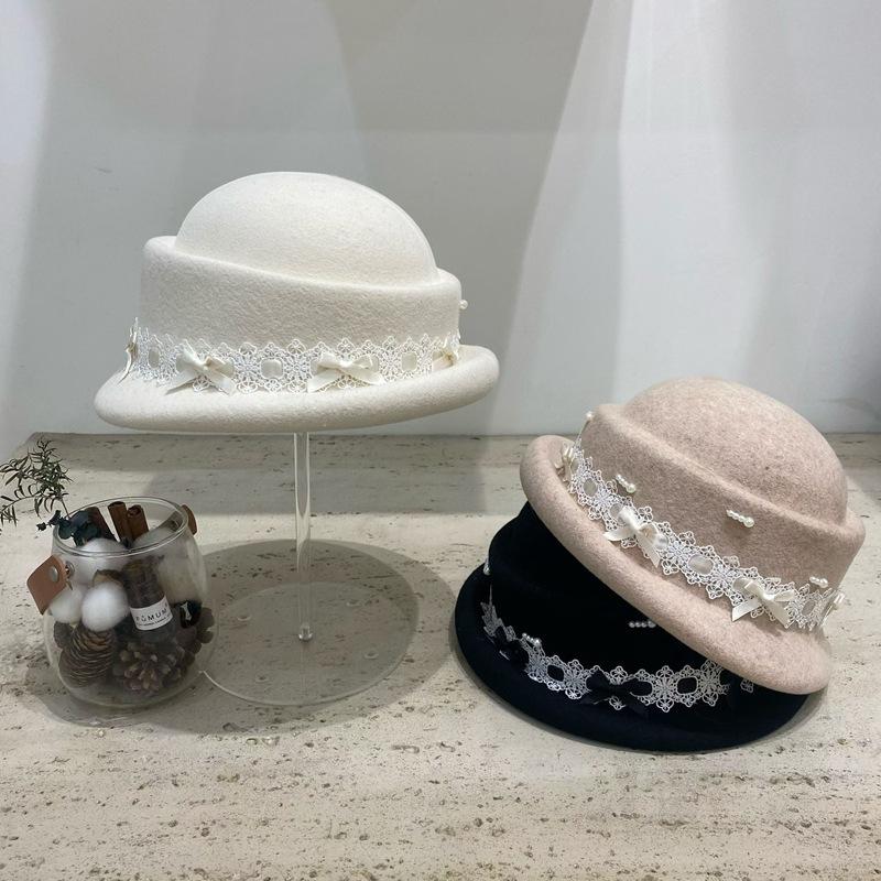 French Elegant Lace Bow Wool Beret Women'S Autumn And Winter Hepburn Style Retro Crimping Basin Hat Thousand Gold Top Hat