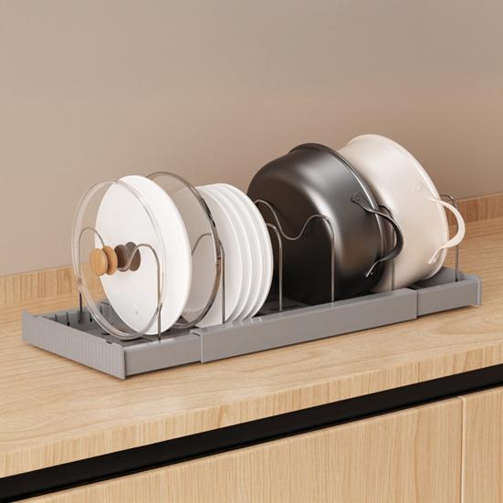 Stojak na garnki ze stali nierdzewnej z przegródkami, Regulowany organizer na pokrywki z rozszerzaną wentylowaną podstawą, Odporny na rdzę stojak do przechowywania w szafce kuchennej, Naczynie kuchenne