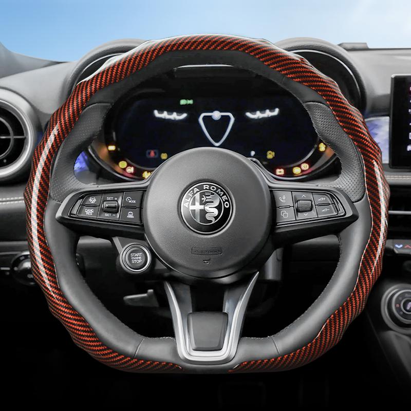 Suitable for Alfa Romeo Carbon Fiber Texture Steering Wheel Cover Snap-On Wave-Shaped Sports Design Protective Case Giulia 952 Stelvio 