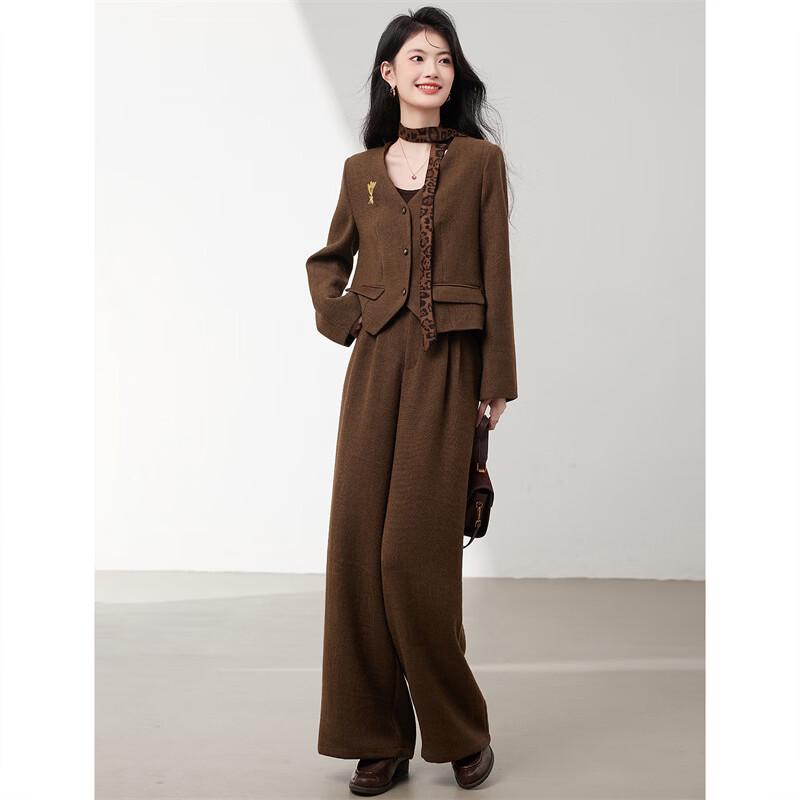 Elegant Old Money Style Women's Wool Blend Commuter Set with Wide-Leg Pants