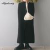 2025 Korean Style Spring Autumn Women Midi Skirt High Waist Black Gray Knitting Skirt Feminine Buttons Split Knitted Skirts Womens