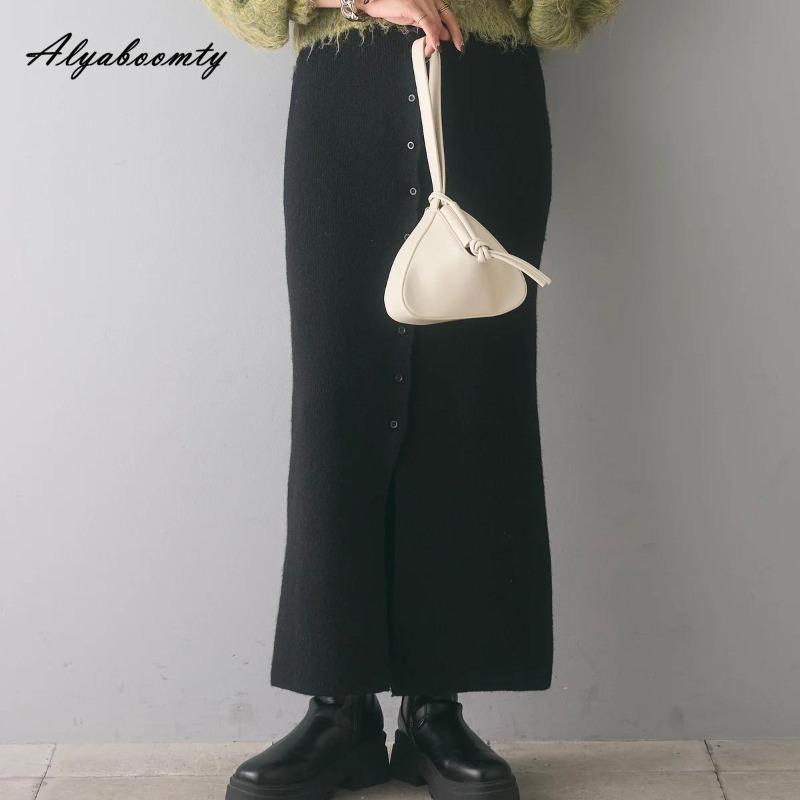 2025 Korean Style Spring Autumn Women Midi Skirt High Waist Black Gray Knitting Skirt Feminine Buttons Split Knitted Skirts Womens