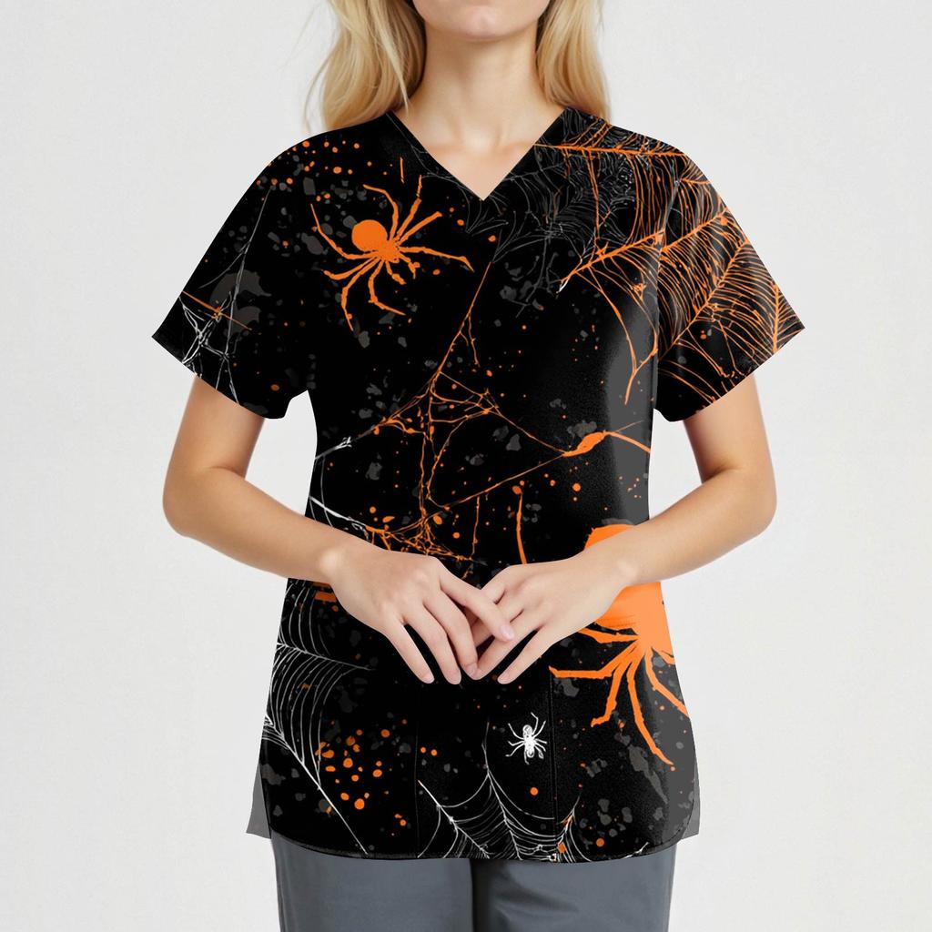 Dámská móda Overaly s krátkým rukávem a výstřihem do V s kapsami Halloweenské potištěné topy Oblečení