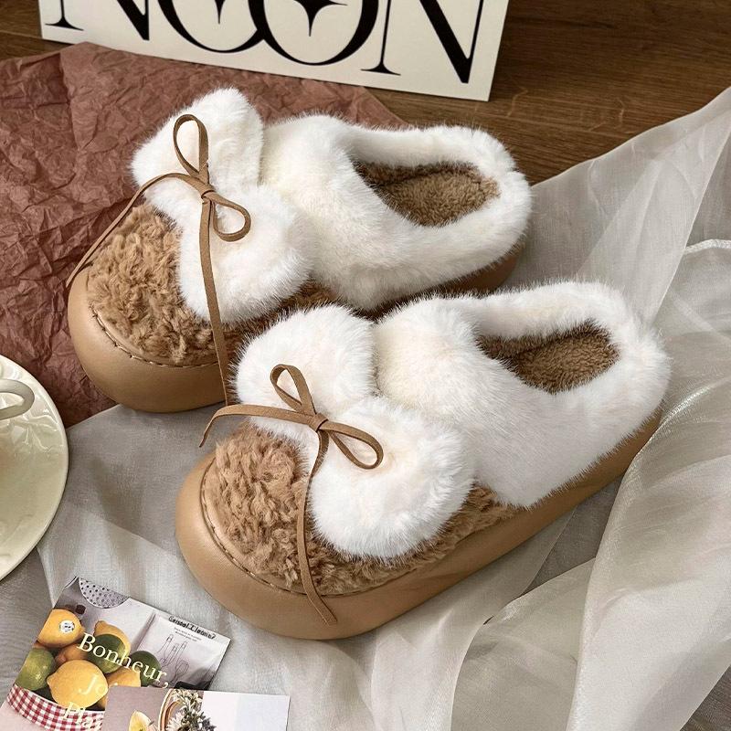 Bow Fur Slippers Women Comfortable Flats Platform Home Cotton Shoes 2024 Winter New Ladies Plush Warm Slides Furry Mules