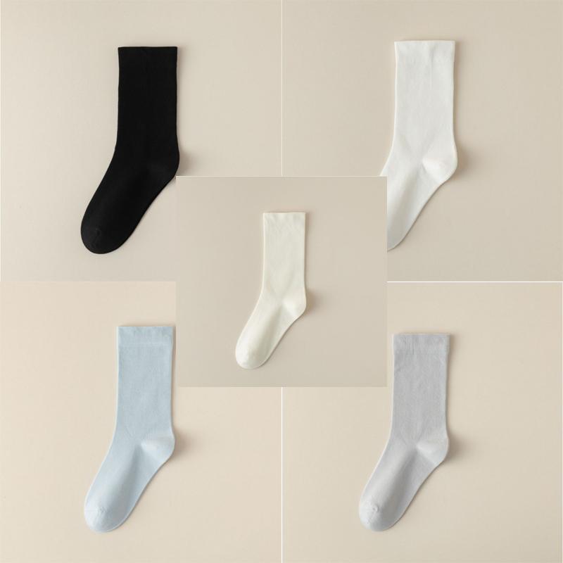 5 Pairs Solid Color Cotton Socks Medium Tube Knitted Loose Long Soft Spring Autumn Crew Casual Sock Black White Breathable Women Socks