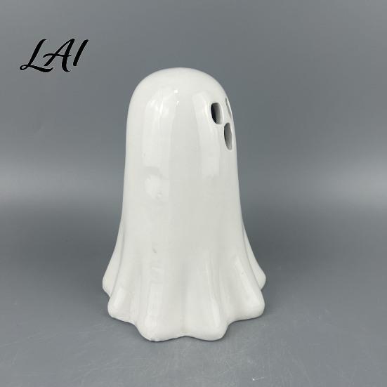 Ghost Shaped Light Decor Ceramic Hollow Night Light Cute Halloween LED Glow White Figurine Lamp Ceramics for Holiday Party Decoration Desktop