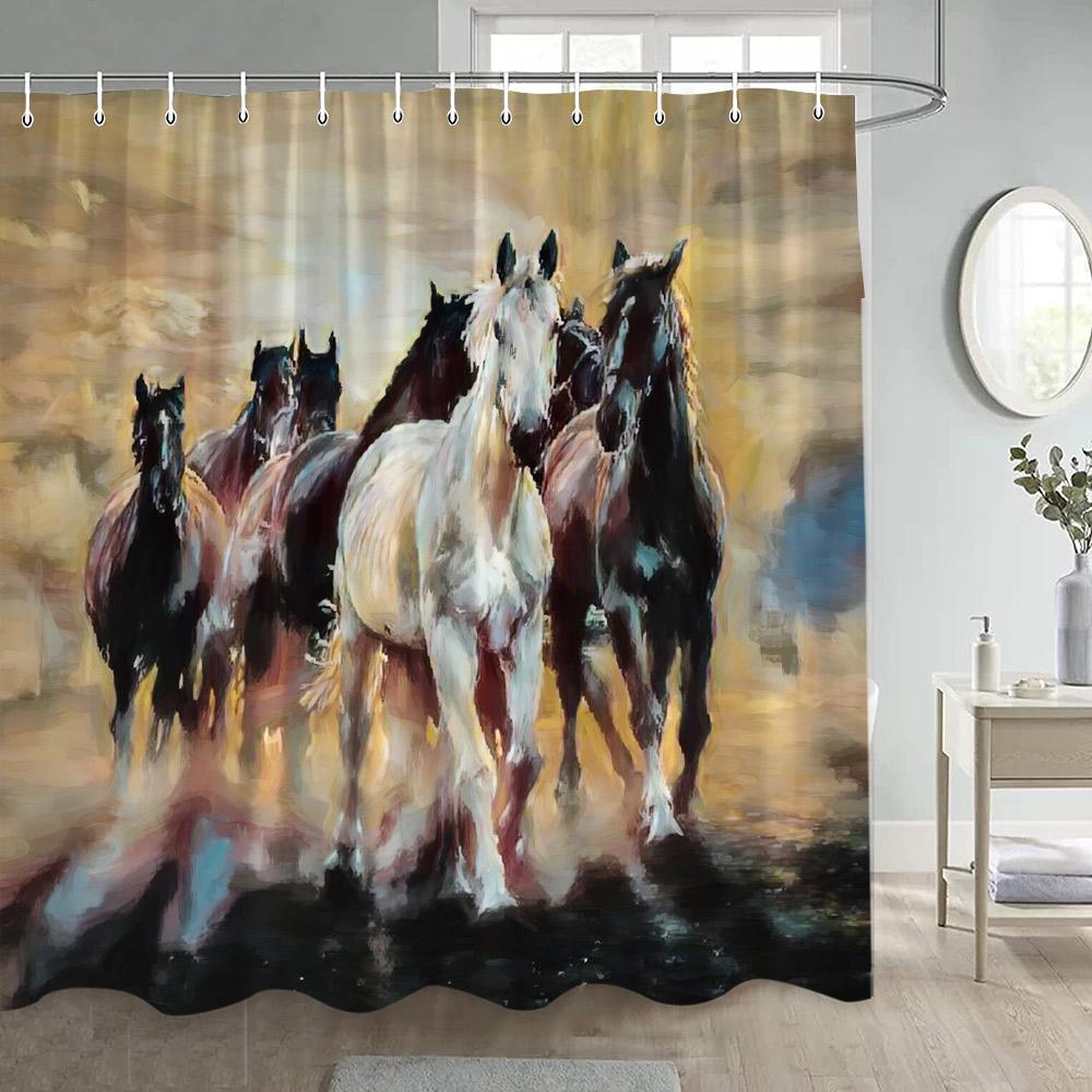 Prancing Horse Shower Curtains Oil Painting Art Farm Animals Bath Curtain Set Polyester Fabric Bathroom Bathtub Decor With Hooks