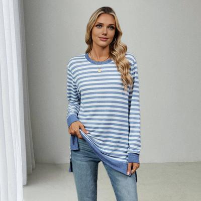 Damen-Oberteile, Rundhalsausschnitt, Langarm, gestreifter Aufdruck, T-Shirt mit seitlichem Schlitz, mittellange Pullover-Oberteile, lockere Passform, elastisches T-Shirt