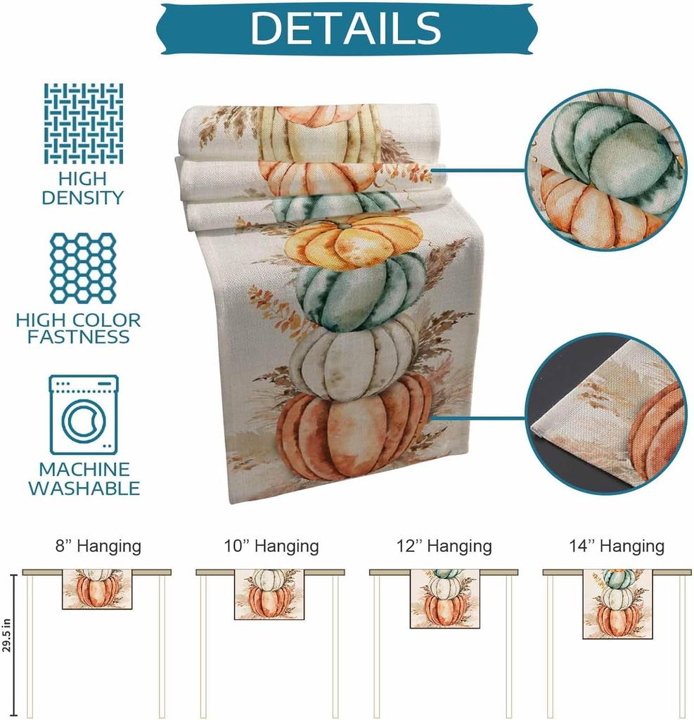 Fall Thanksgiving Pumpkins Linen Table Runner Home Decor Washable Autumn Harvest Kitchen Dining Table Runners Thanksgiving Decor