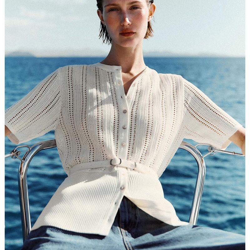 Summer New Product Women's Clothes Fashion Style Fashion with Belt Jacquard Mesh Knit Casual Outwear 0244002