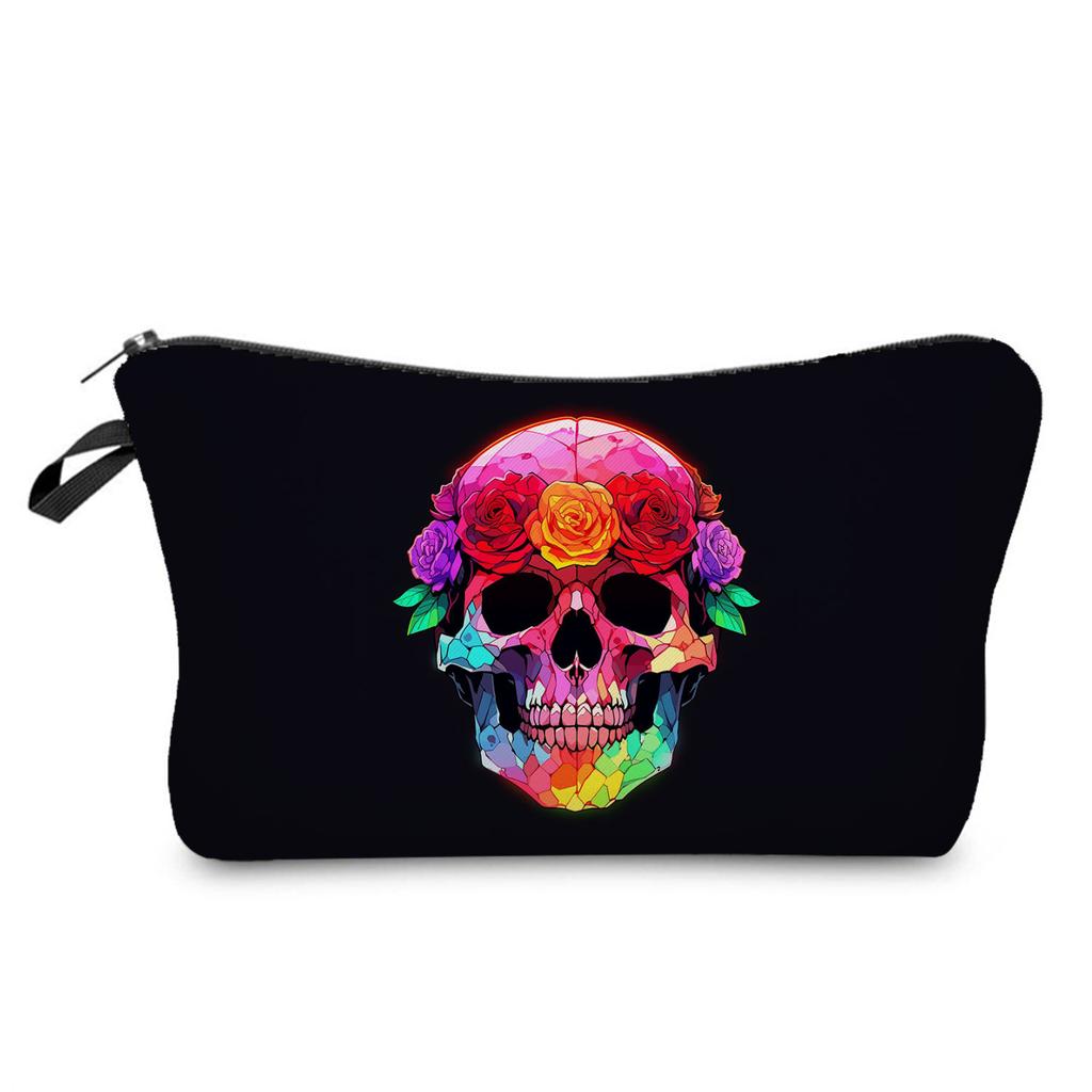 Rose Skull Printed Cosmetic Bag Classic Single Product Clutch Bag Lightweight And Durable Wash Bag