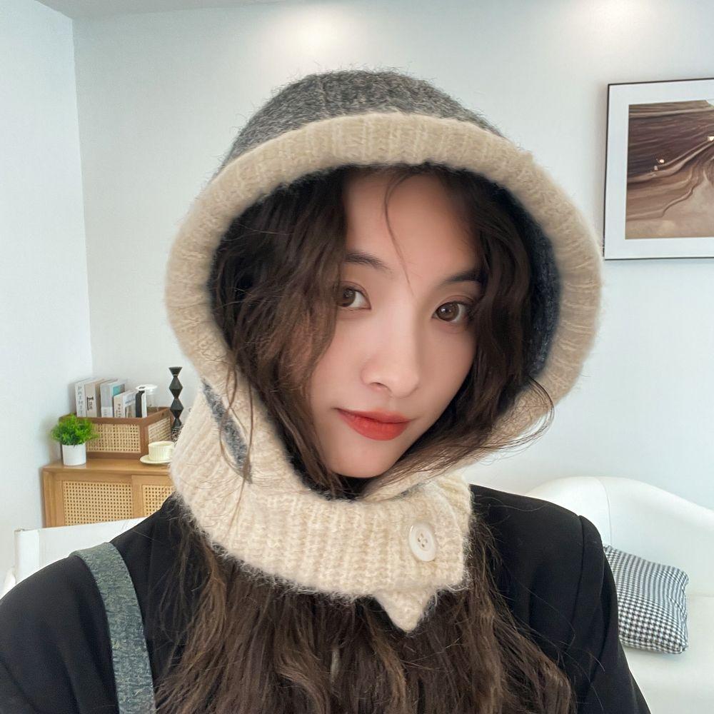 Japanische Herbst-Winter-Mütze und Schal im Partnerlook für Damen und Paare mit Ohrenschutz, Strickmütze im trendigen Stil