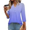 Modisches lässiges Damen-T-Shirt-Top mit Farbblock-Gradienten-Print, V-Ausschnitt, Knopfleiste und Dreiviertelärmeln