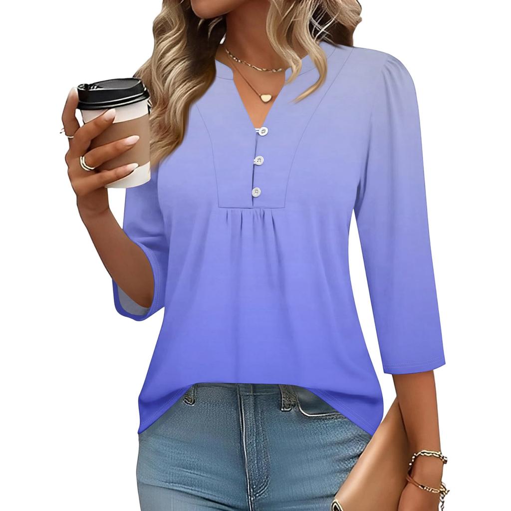 Modisches lässiges Damen-T-Shirt-Top mit Farbblock-Gradienten-Print, V-Ausschnitt, Knopfleiste und Dreiviertelärmeln