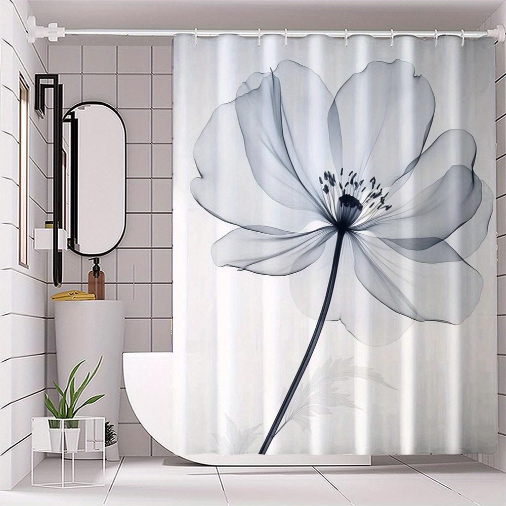 1Pc Simple Floral Pattern Shower Curtain, Polyester Fabric, Machine Washable, With Hooks, Suitable For Bathroom Decoration