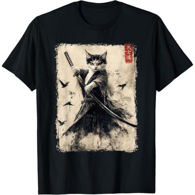 Figured Samurai Cat Warrior T-Shirt Vintage Graphic Tee Japanese Art Anime T-Shirt for Men Women