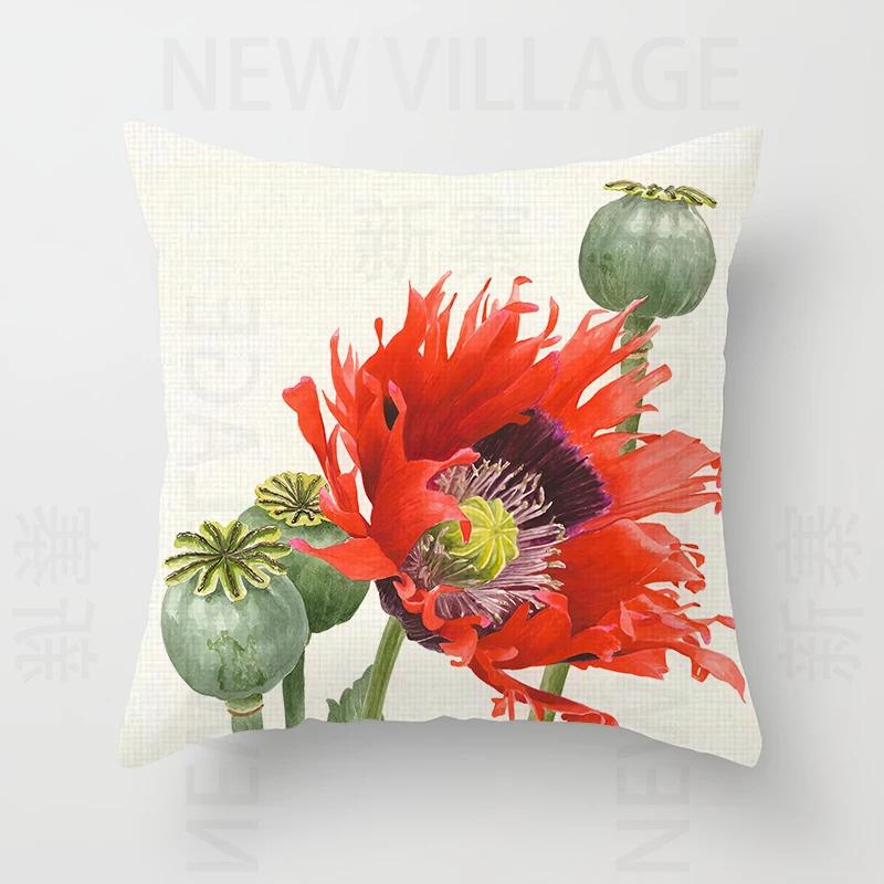Nordic modern red flower linen pillowcase sofa cushion cover home decoration can be customized for you 40x40 50x50 60x60 45x45