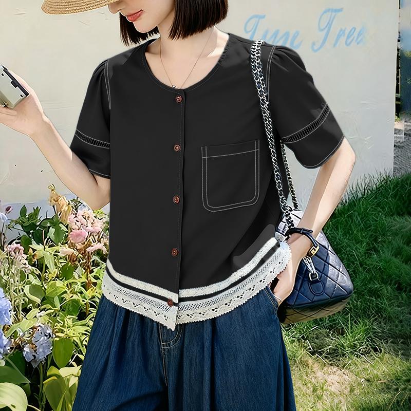 

ZANZEA Women Casual Round Neck Summer Short Sleeve Lace Splice Blouse 3XL