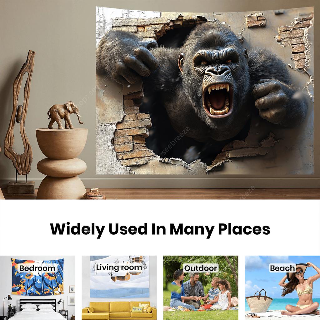 Angry Gorilla Climbing Out of A Hole Tapestry Wall Hanging for Hippie Aesthetic Room Decor Psychedelic Home Wall Decor Yoga Mat
