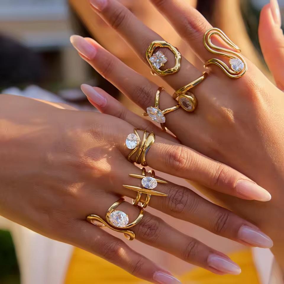 18K Gold Plate Stainless Steel Rings Modern Minimalist Lines Double-layer Hollow Geometric Zircon Open Ring